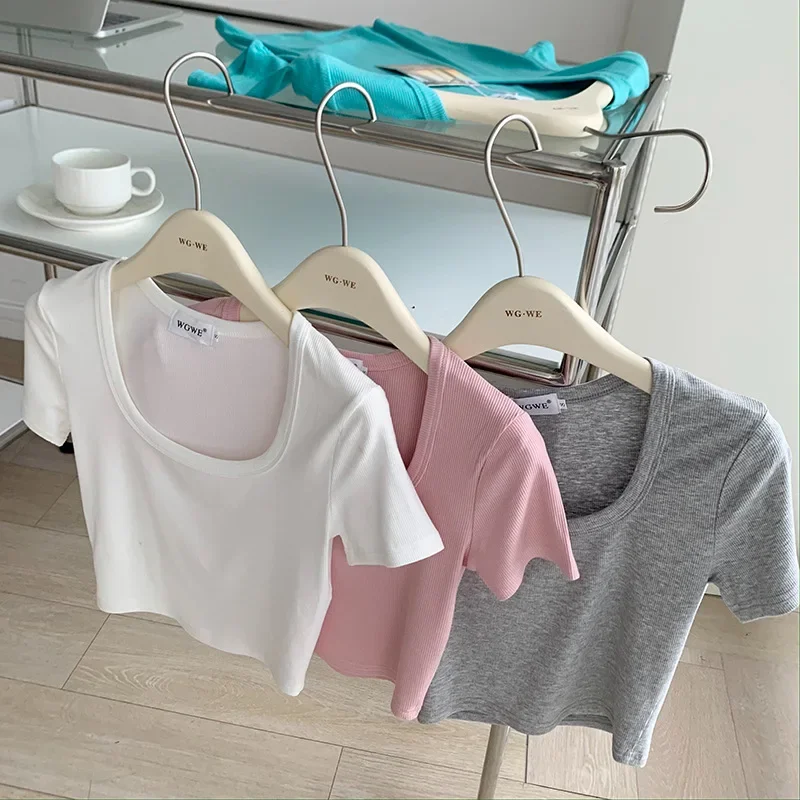 Cropped Ice Silk Slim-Fit Basic T-Shirt For Women Solid Color Top With Short Sleeves Summer Casual Wear Tiktok Taobao