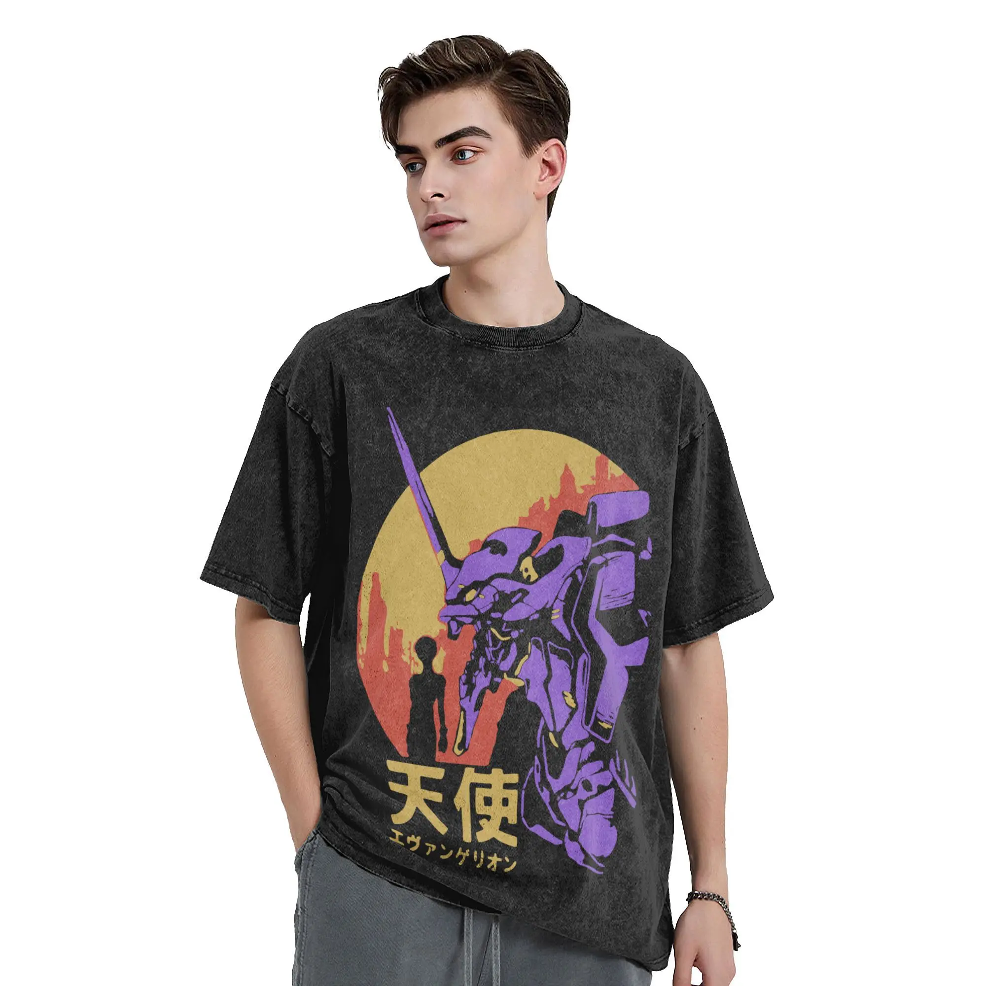 Retro Eva Unit 01 Vintage Gewassen T-shirt Mannen Katoen Korte Mouw Rei Ayanami Anime Ronde Hals Zomer Tops Shirts