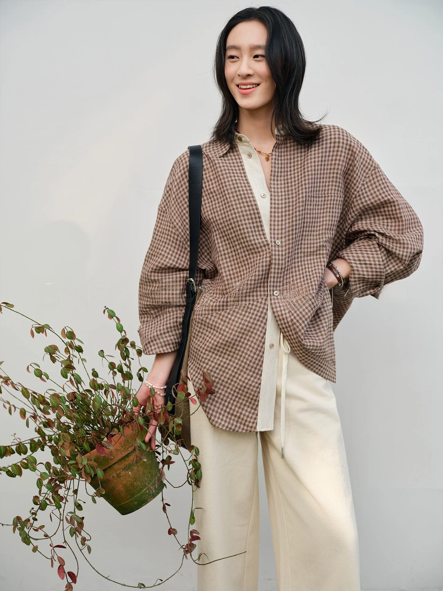 

Biggie Pure Linen Long Sleeve Shirt Women's Artistic Style Patchwork Color Woven Grid Loose Fit Comfortable Breathable