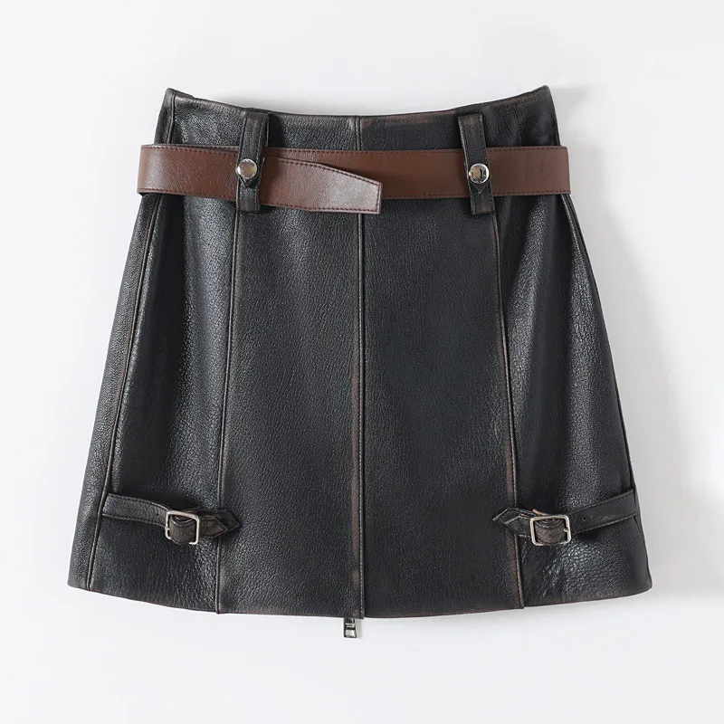 Women Leather Mini Skirt Women Vintage High Waist Streetwear Black Slim Casual High-waist with Belt