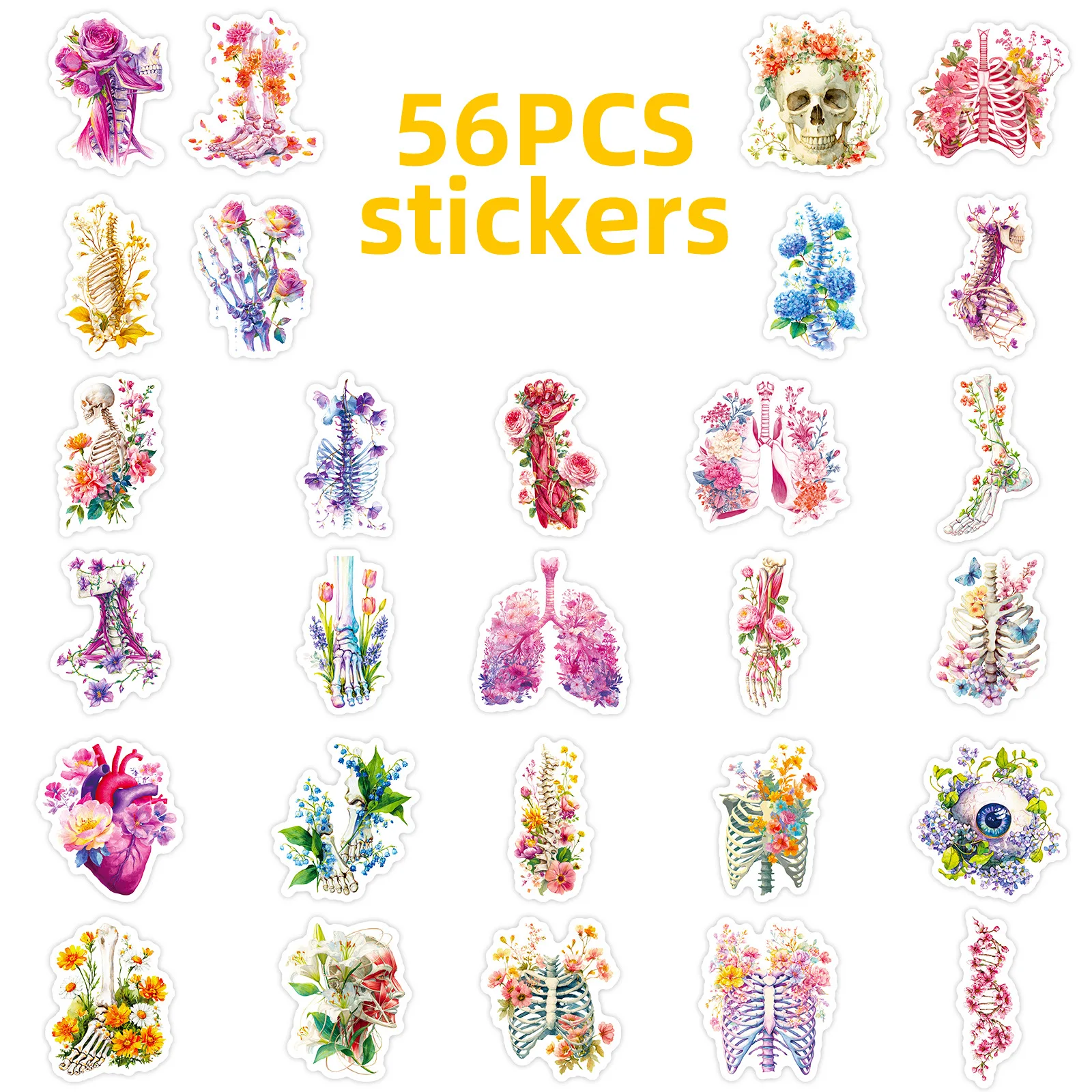 56PCS Human Organ Floral Stickers Medical Student Notebook Stationery Suitcase Skateboard Helmet DIY Decorative Sticker