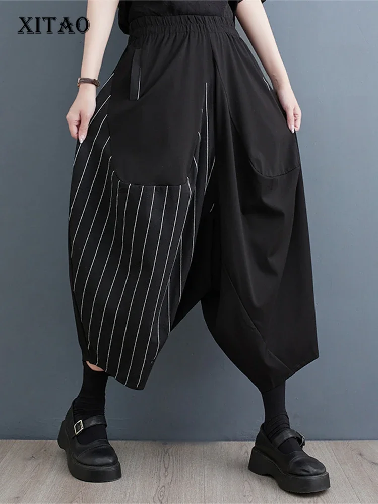 

XITAO Striped Calf Length Pants Fashion Women Goddess Fan Casual Style Loose Elastic Waist Wide Leg Pants 2024 Summer WLD11631