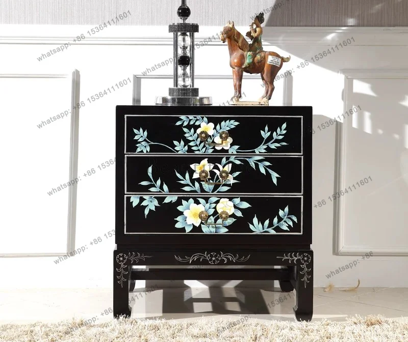 

New Chinese black bedside table hand painted magpie living room three bucket cabinet furniture