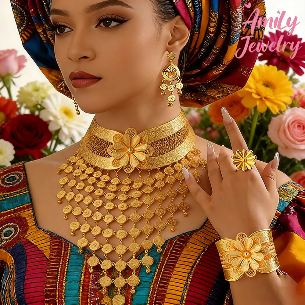 

African Luxury Jewelry Classic Gold Color Necklace Drop Earrings Women Bracelet with Ring 4pcs Set Dubai Fashion Lady Jewelry
