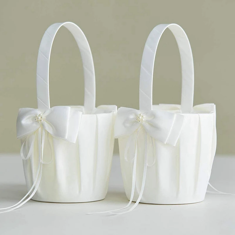 

A96Q-4PCS Flower Girl Baskets For Wedding Cute Bowknot Design Girl Basket,Romantic Bowknot Party Rose Flower Girl Basket
