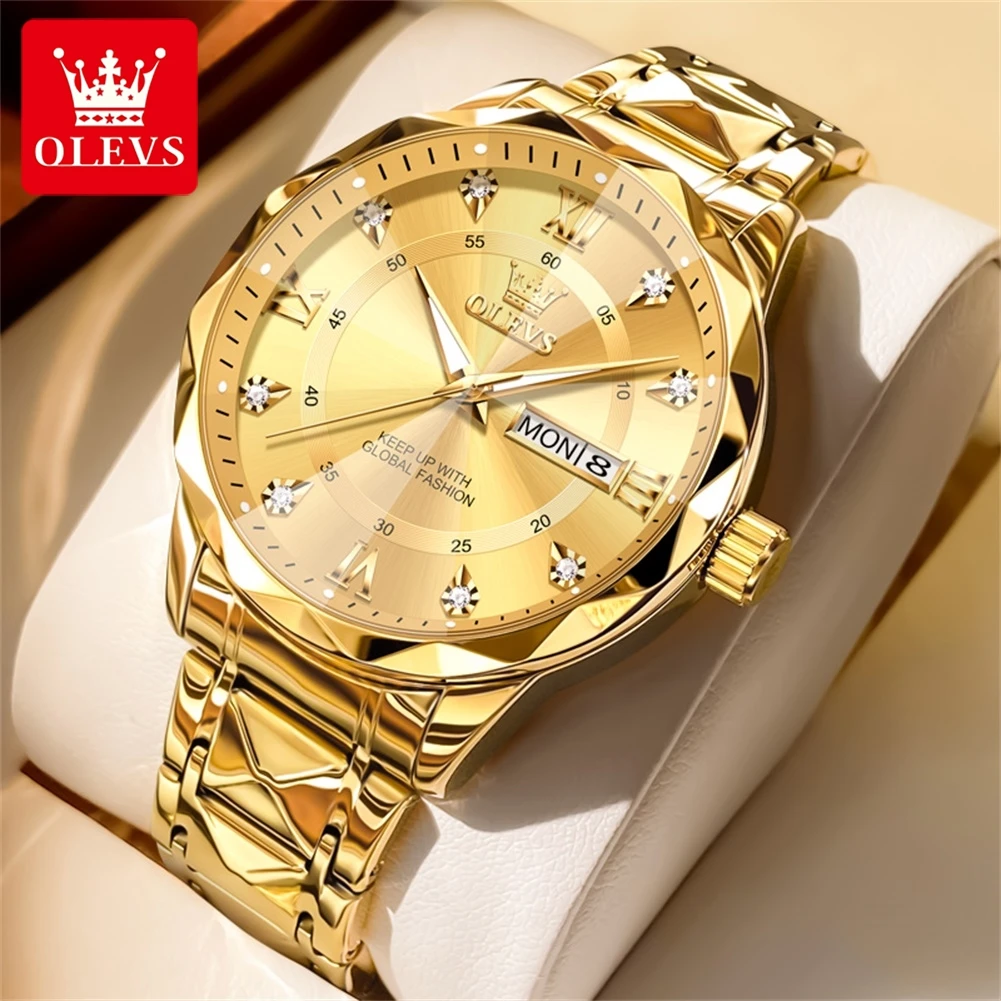 OLEVS 5609 Original Quartz Watch for Men Fashion Diamond Shaped Mirror Dual Calendar Waterproof Stainless Steel Men\'s Wristwatch