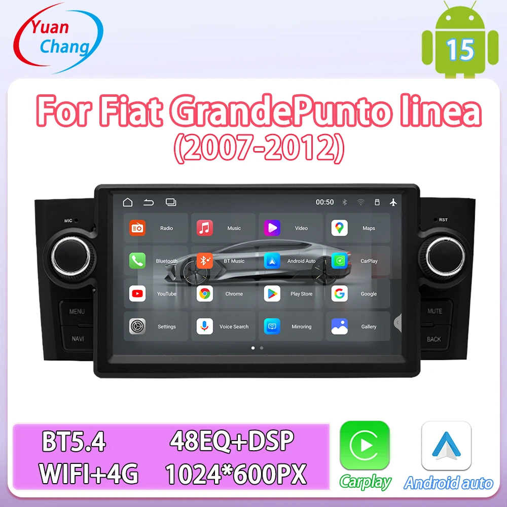 Reproductor Multimedia para Auto de 7 Pulgadas para Fiat Grande Punto Linea 2007-2012, Android 15, CarPlay Inalámbrico, GPS, Navegación, WIFI, 4G, DSP, BT