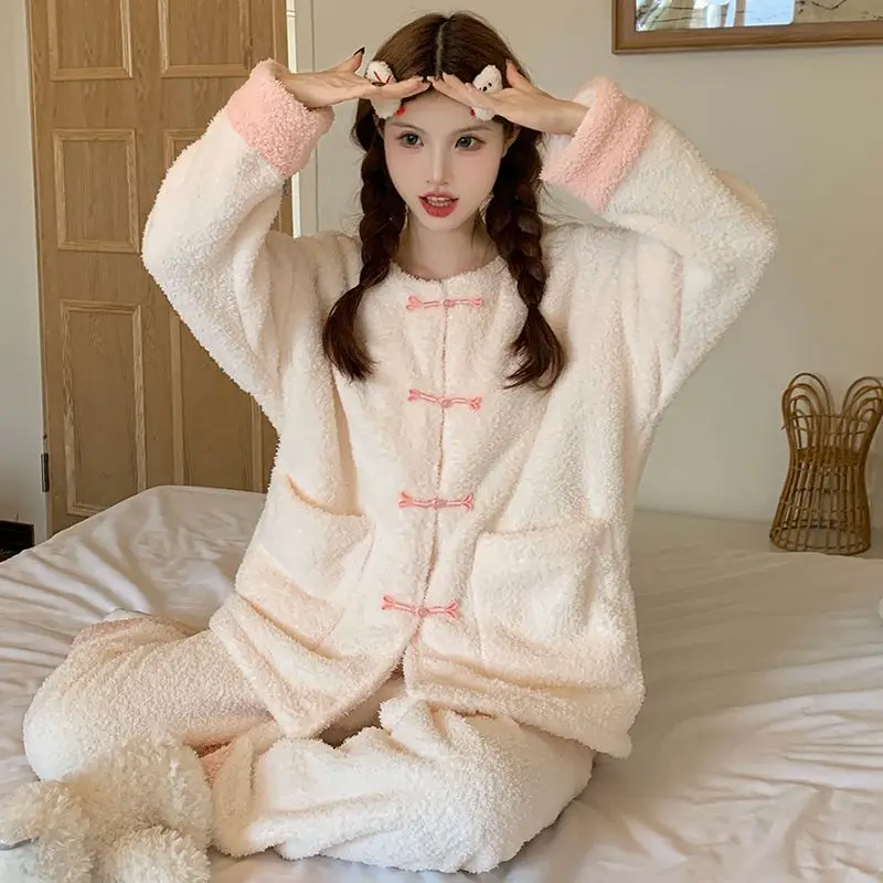 여성용 코랄 플리스 파자마 세트 단색 겨울 따뜻한 잠옷 편안한 플란넬 라운지웨어 홈웨어 봄 나이트웨어