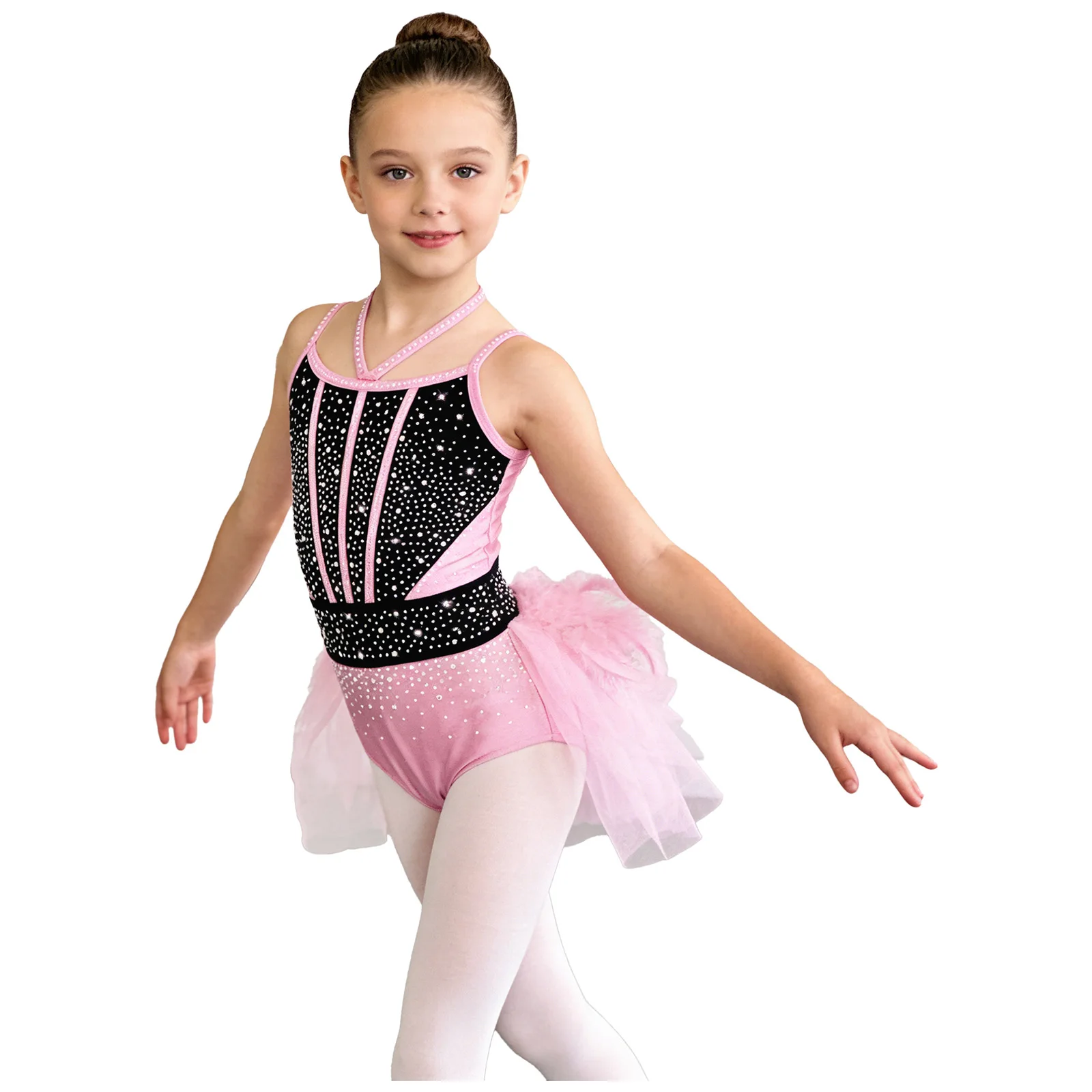 Girls Jazz Latin Dance Bodysuit Halter Sparkly Rhinestone Feather Tulle Dress Ballet Skating Gymnastics Leotard Modern Dancewear