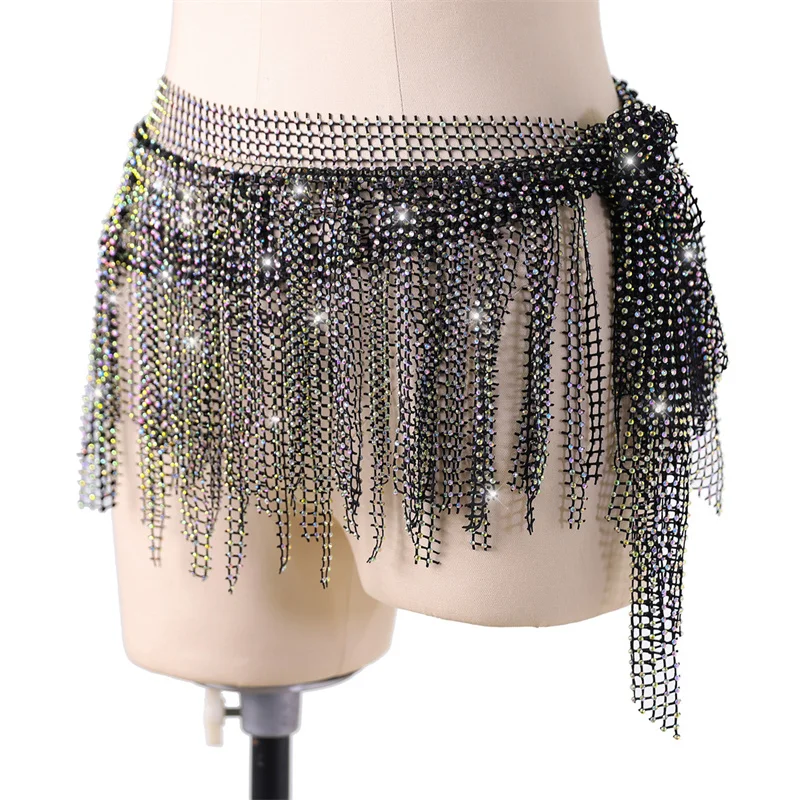 Women Triangular Bling Belly Dance Hip Scarf Diamond Tassel Drill Waist Chain Towel Wrap Belt Versatile Stage Festival Costume