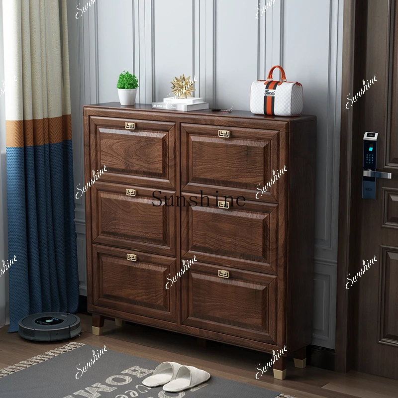 New Chinese-style all-solid wood ultra-thin tipping bucket shoe cabinet, living room home door simple entrance cabinet  FT