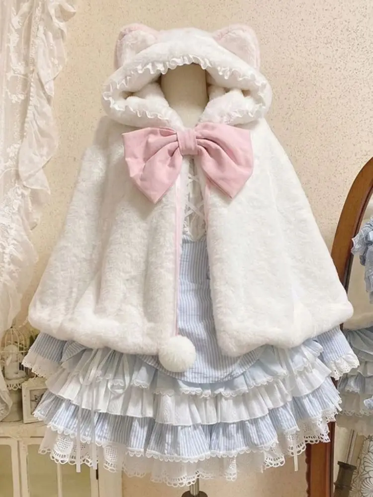 Sweet Lolita Cat Ear Hooded Beige Plush Cape Coat Women Big Pink Bow Lace Trim Pom Pom Loose Fit Winter Warm Party Outfit 2026