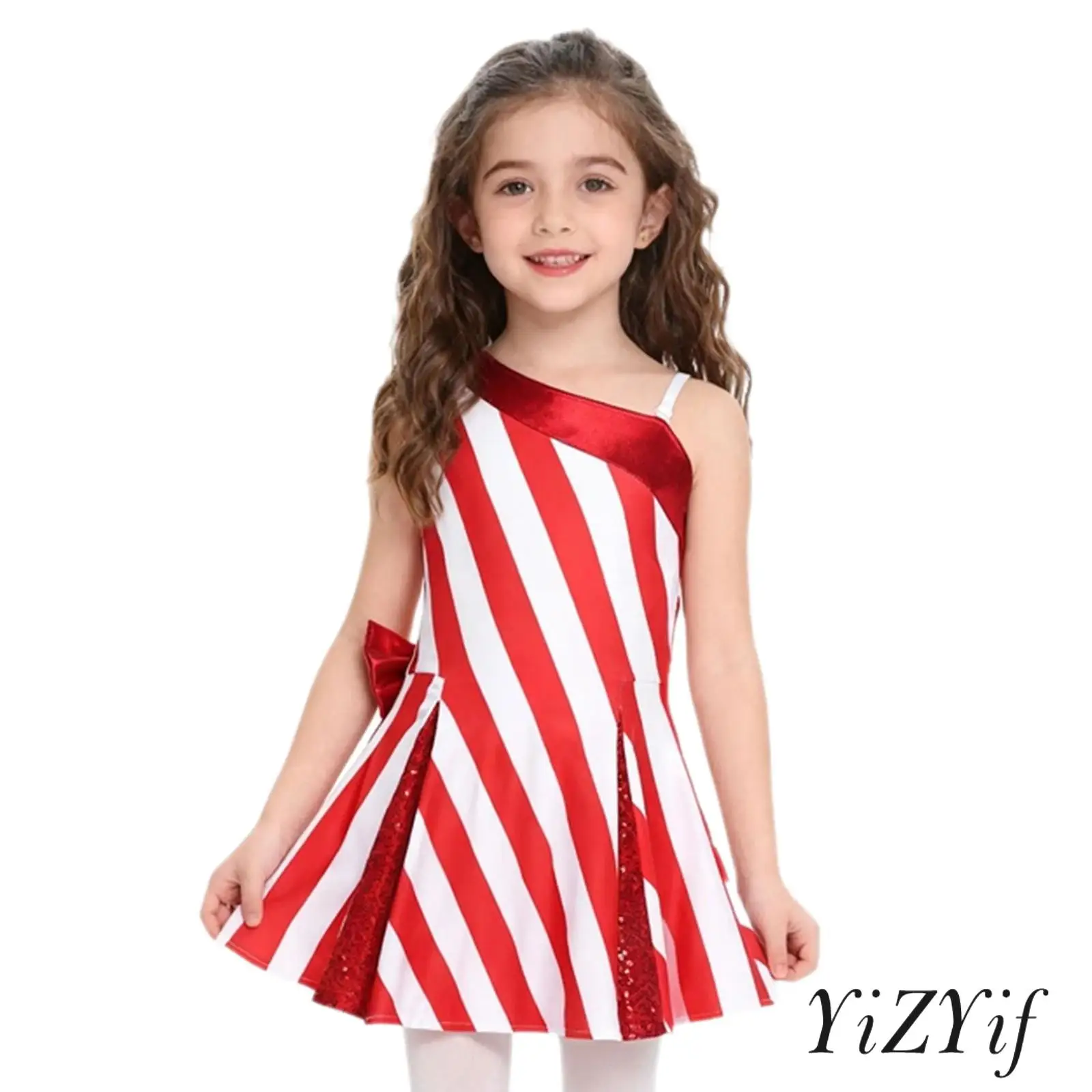 

Kid Girl Christmas Dress One Shoulder Metallic Bow Sequins Contrast Color Striped Dress for Xmas Theme Party Santa Claus Costume