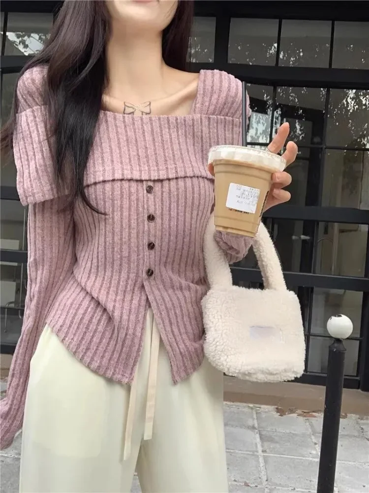 

Джемпер с разрезом на шее, женская одежда, облегающие пуловеры с разрезом, модные корейские Sueter Mujer, сексуальный вязаный свитер, топы