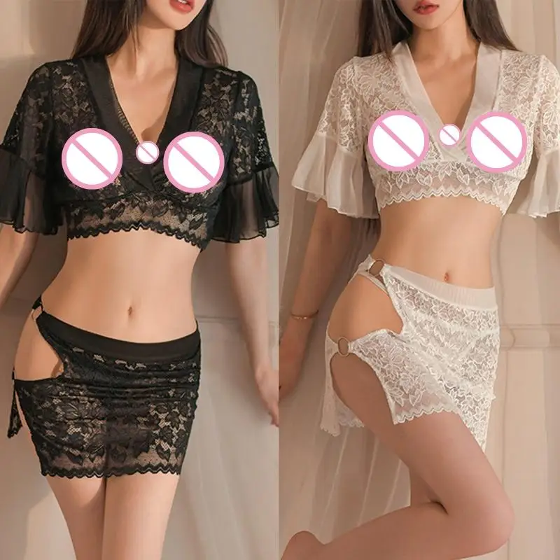 

Чистое кружевное нижнее белье для женщин, сексуальная рукава ruffle v шее