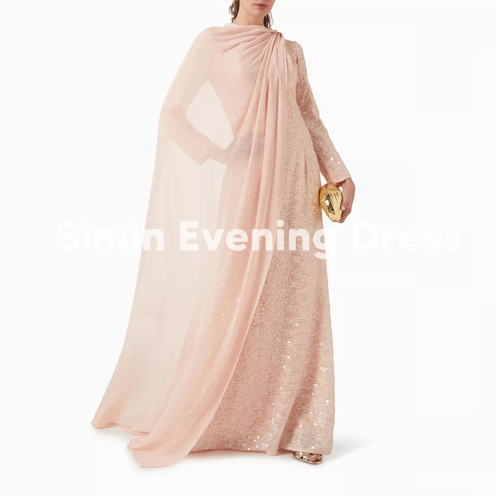 

Simin Women's Customized Straight O-neck Sequins Saudi Evening Dresses Long Sleeves With Shawl Floor-Length Elegant Dresses 2026