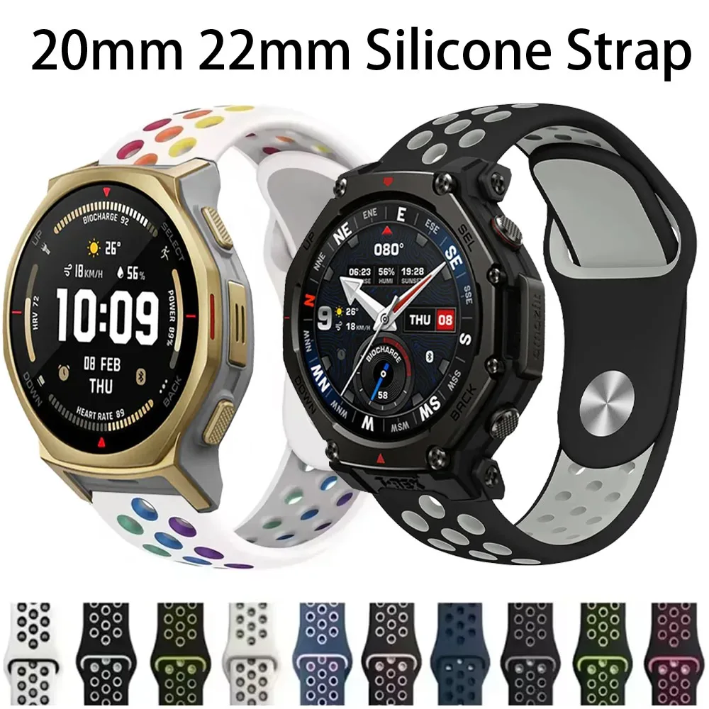 Bracelet en silicone 20 mm 22 mm pour Amazfit T-Rex3 Pro 48 mm 44 mm Helio/Balance 2-1, bande respirante et tendance pour Amazfit Active 2 Bip 6-5