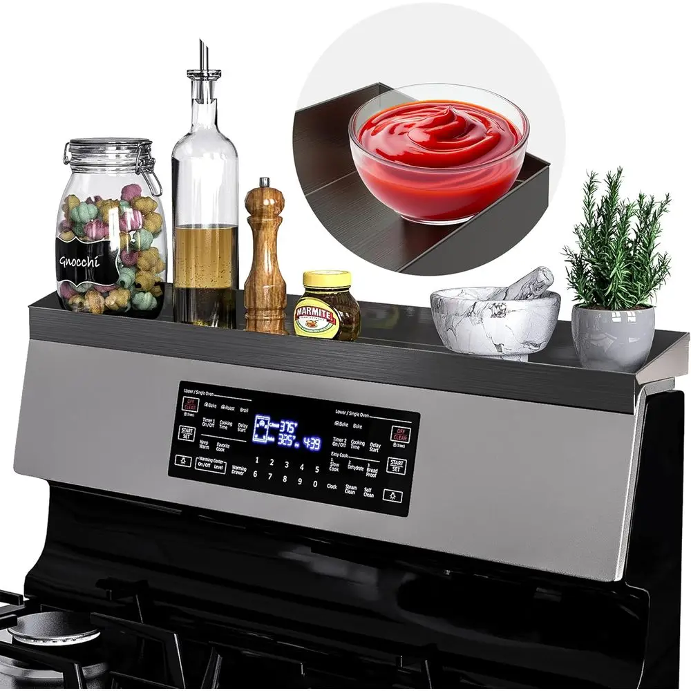 

30 Upgrade Stainless Steel Stove Top Shelf, Magnetic Kitchen Spice Rack Organizer, Back of Oven Rack with Border All Around, Bla