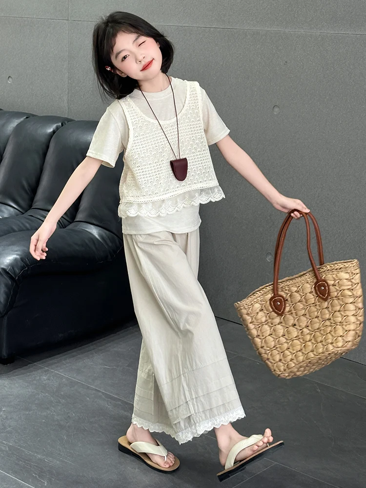 

Girls Summer Short Sleeve Wide Leg Pants Three Piece Set Thin Korean Style Strap Top Lightweight Fashionable Student Uniform