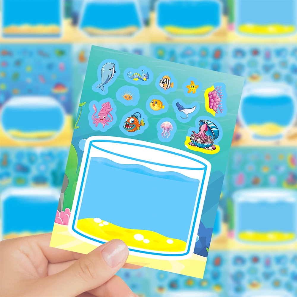 

8/16sheets Funny Creative Fish Tank Cartoon Puzzle Stickers for Kid Toy Handmade DIY Desktop Phohne Funny Kid Decoration Sticker