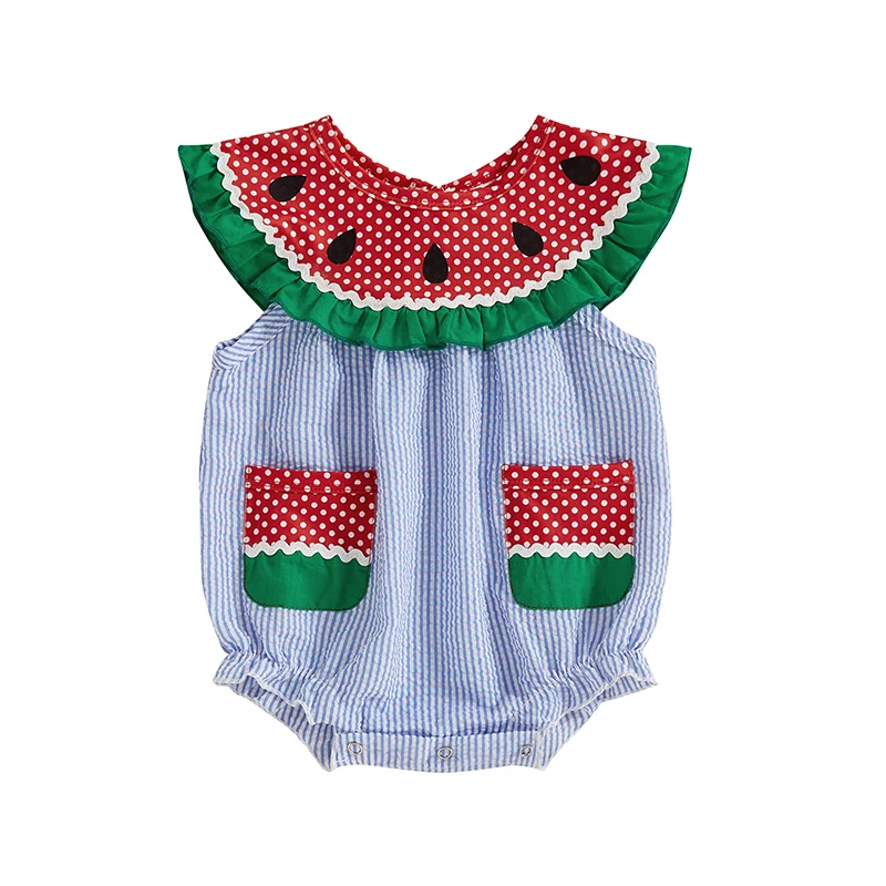 

Newborn Baby Watermelon Romper Summer Rompers Sleeveless Ruffle Bodysuit Tops with Pockets