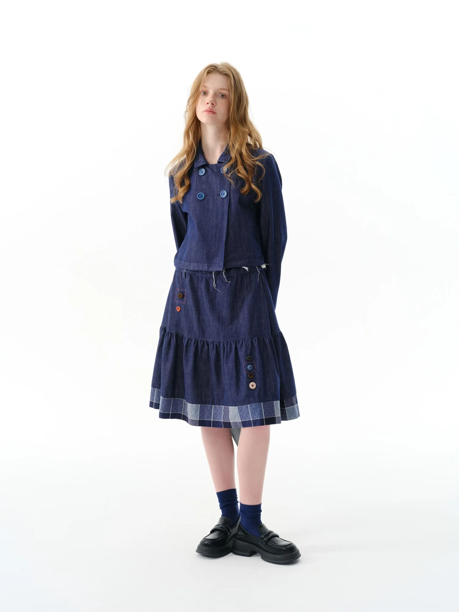 

Комплект Niona: винтажная джинсовая куртка с воротником и юбка А-силуэта с клетчатыми вставками из чистого хлопка, создающий ощущение высокого класса, женская модная верхняя одежда