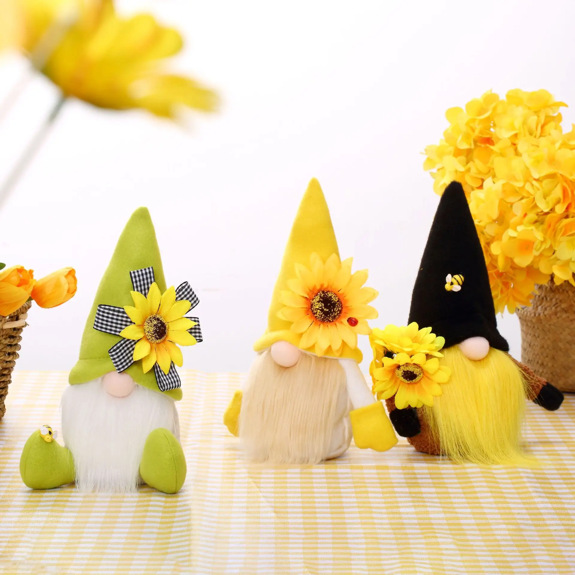 

Nordic Faceless Gnome Plush Toy with Sunflower Bee Ladybug Spring Tiered Tray Decor Home Party Ornament