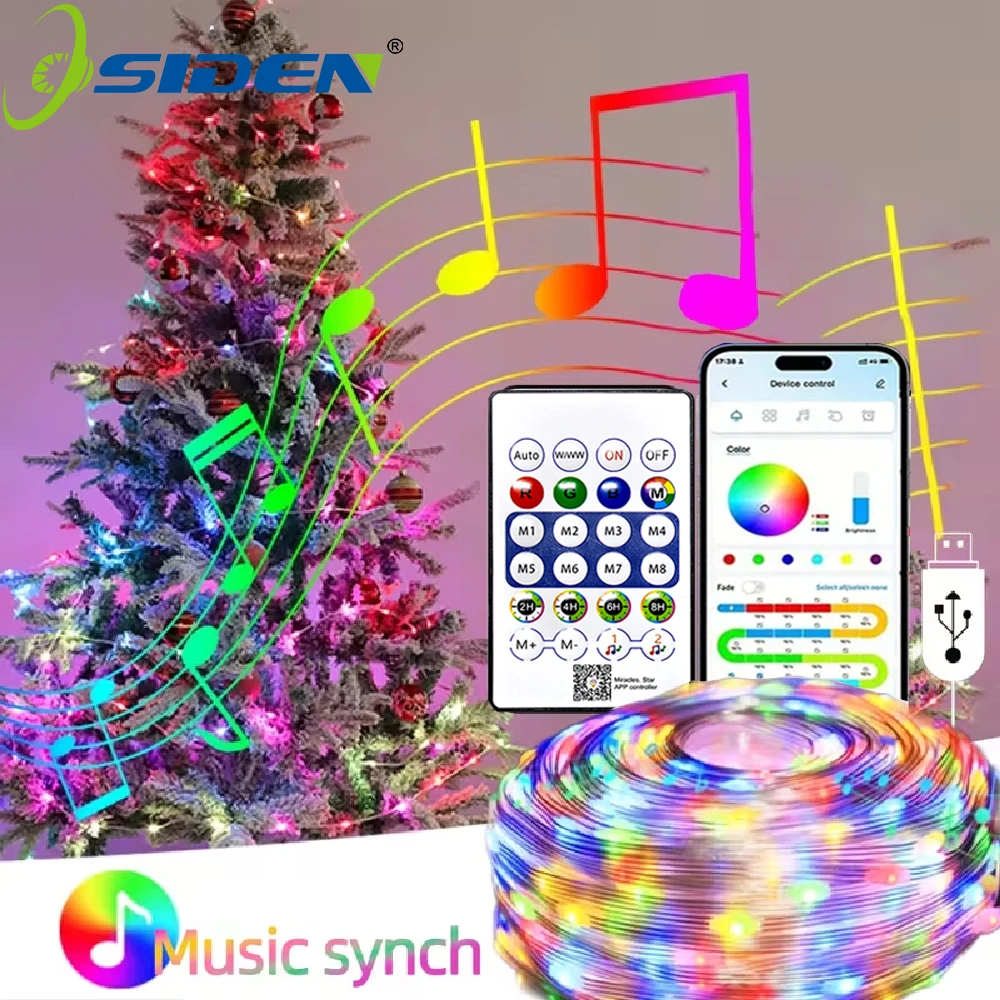 

Светодиодные сказочные гирлянды 5-40 м, светодиодные рождественские гирлянды с синхронизацией музыки на День Благодарения, Хэллоуин, Рождество, уличные праздничные огни