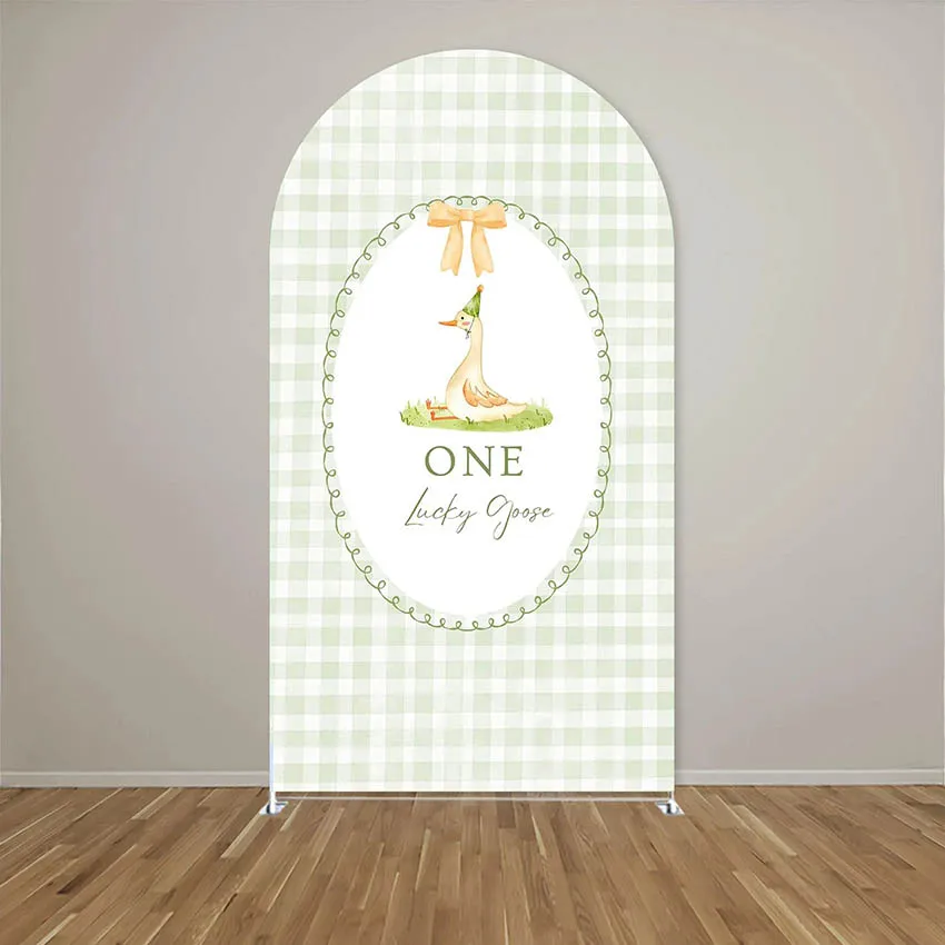 Mehofond Custom Name One Silly Goose Sage Green Plaids Bows Kids Birthday Party Baby Shower Cover Arch Background Decor Backdrop