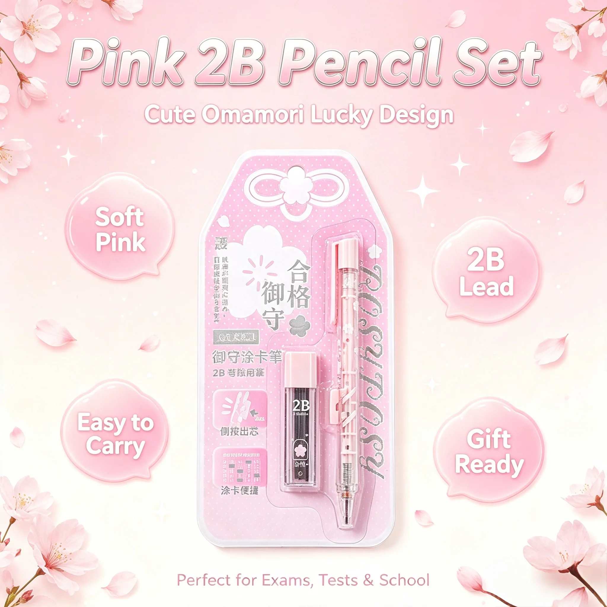 Lucky Omamori Exam Pencil Set Kawaii Retro Japanese 2B Mechanical Pencils for Test Prep with Refills Student Writing Supplies