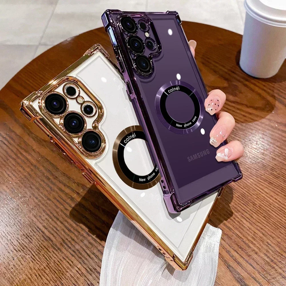 Caso Transparente Magsafe para Samsung Galaxy, Capa à Prova de Choque, Proteção para Câmera, Filme de Lente Magnética, S24 Ultra, S23 FE, S22 Plus