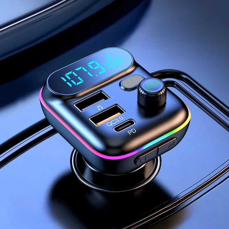 Car Fast Charge Bluetooth 5.0 FM Transmitter PD Dual Player Music Type-C Colorful Ambient MP3 Light Cigarette Lighter USB C0E3