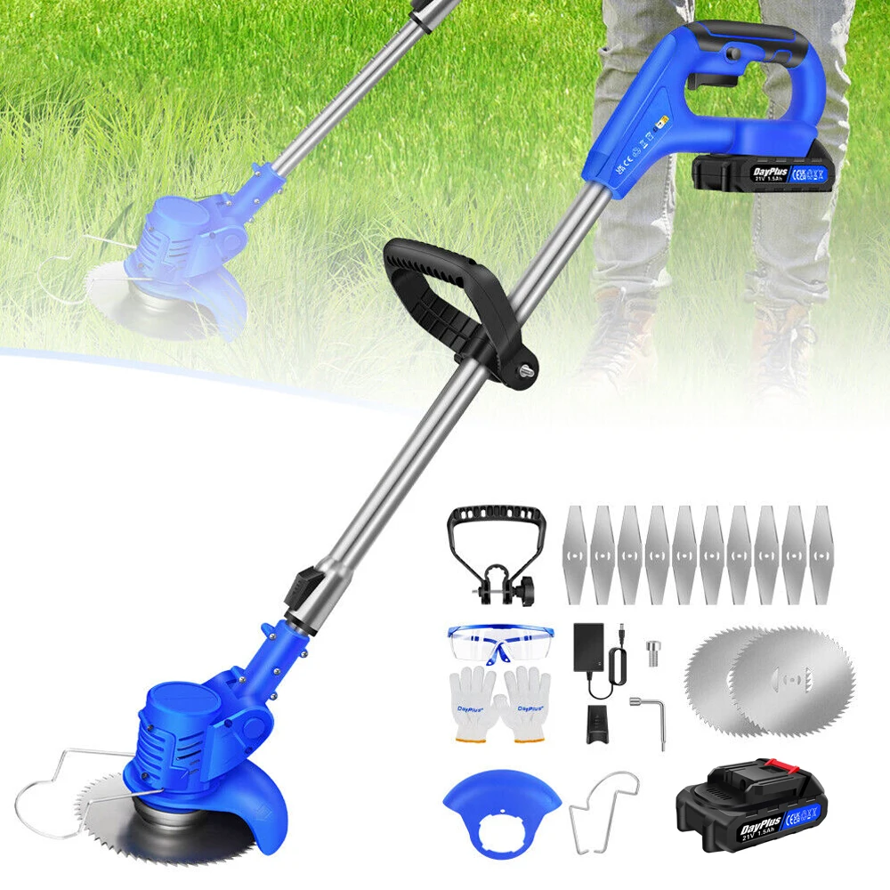 Rasentrimmer mit Akku 21V, 2-in-1 Freischneider & Motorsense 24000 RPM, Rasenkantenschneider inkl. 1.5Ah Batterien, Rädern, 90° drehbarer Kopf  (Profi-Serie)