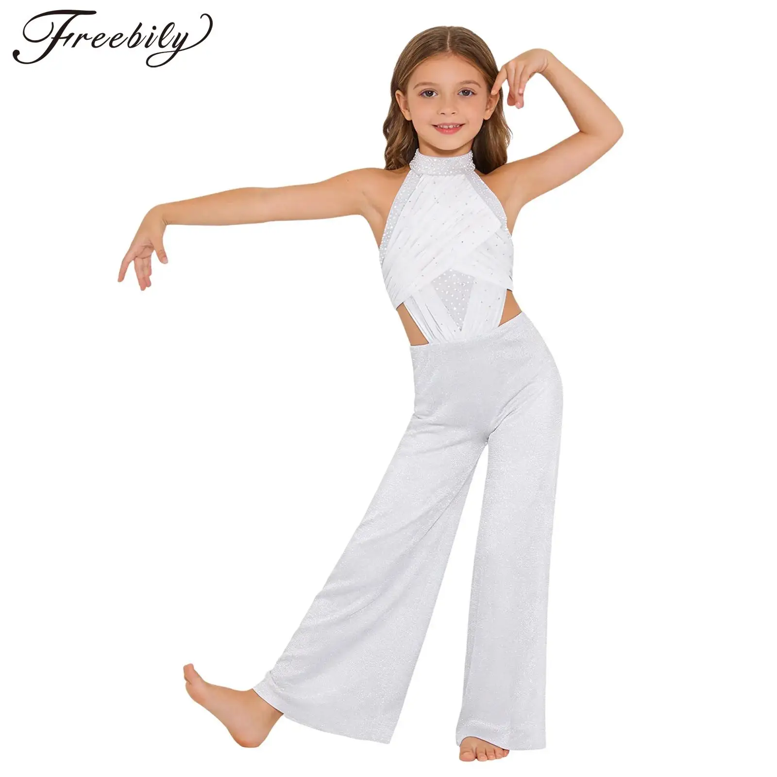 

Kids Girls Modern Lyrical Dance Jumpsuit Shimmery Mesh Cutout Bodysuit Built-in Briefs for Latin Skating Gymnastics Acrobatics