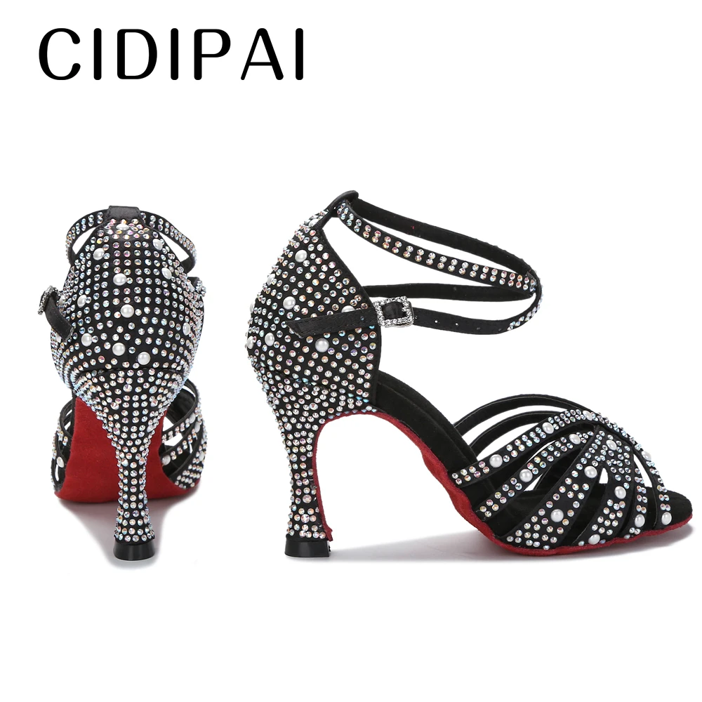 CIDIPAI, zapatos de baile latino con perlas para mujer, zapatos de baile de salón Salsa Rumba, zapatos de fiesta de suela roja, zapatos de boda con diamantes de imitación para mujer