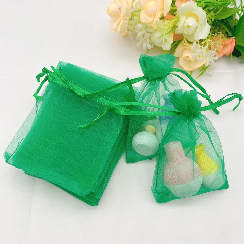 Mini Grass Green Gift Bag, Wedding Packaging, Jewelry Drawstring Storage Bags, Organza Bag, Mesh Pouch, 100Pcs