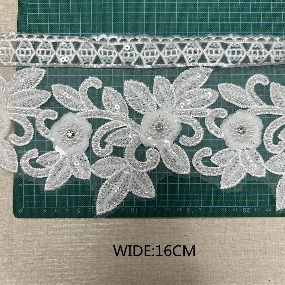 4.5yards wholesale beaded white sequin wedding bridal lace fabric for clothing