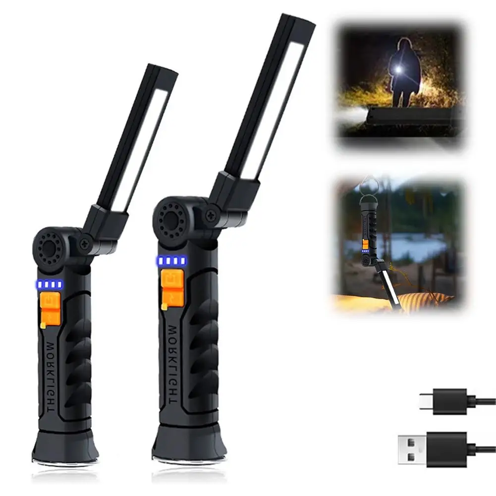 Rechargeable LED Work Light Portable Magnetic Inspection Lamp With Foldable Hook And COB Floodlight For Auto Repair Camping