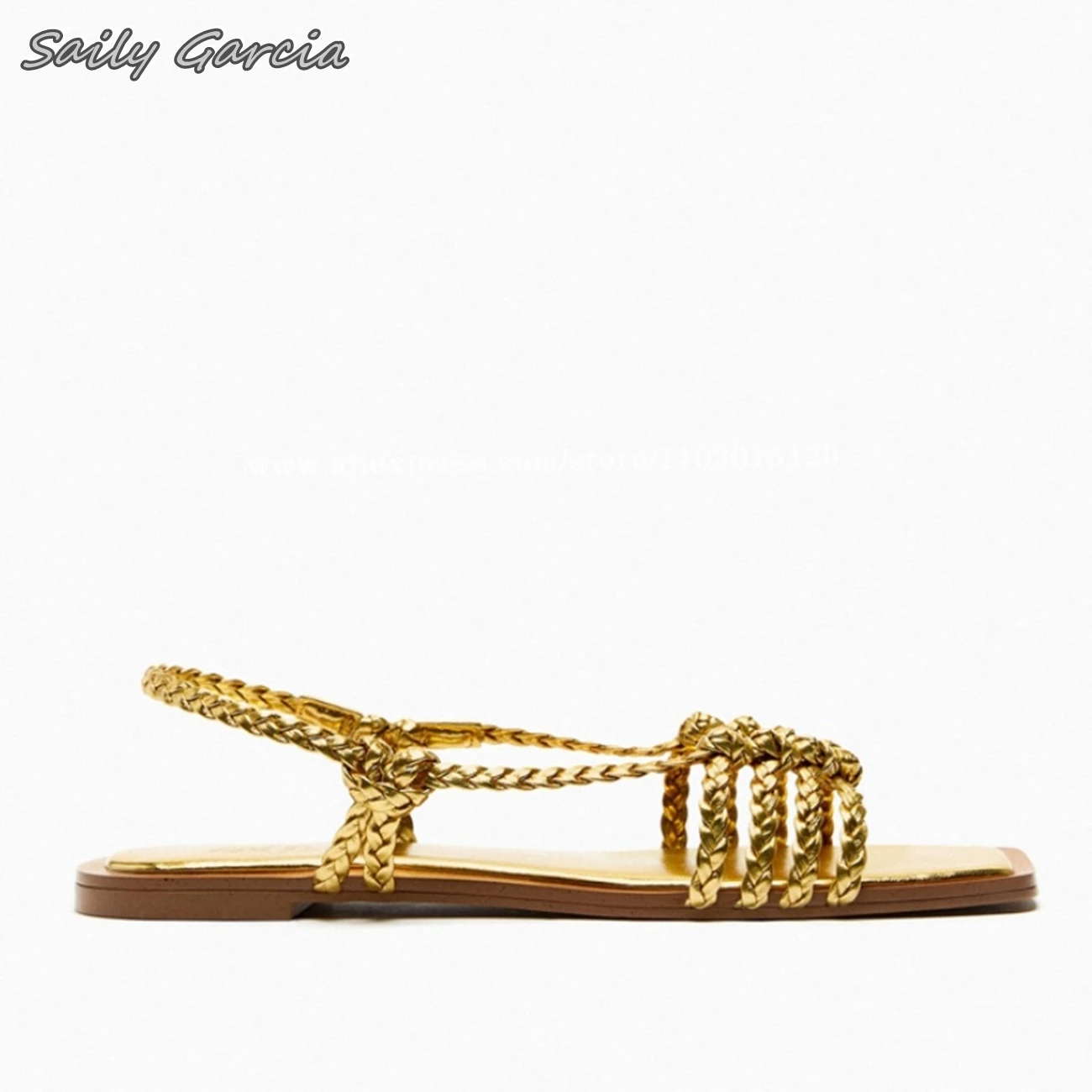 Open Toe One Word Belt Sexy Slip On Sandals 2024 Summer NEW Fashion Casual Flat Shoes Gold Braid Sheepskin Sole Sexy Beach Flats