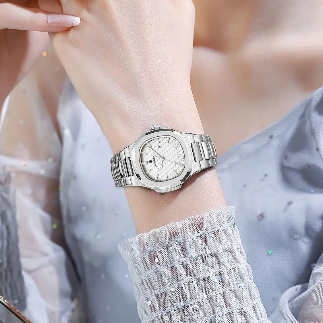 POEDAGAR ساعة يد نسائية رائعة مقاومة للماء وتاريخ مضيء ساعات عصرية للسيدات من الفولاذ المقاوم للصدأ ساعة كوارتز للنساء