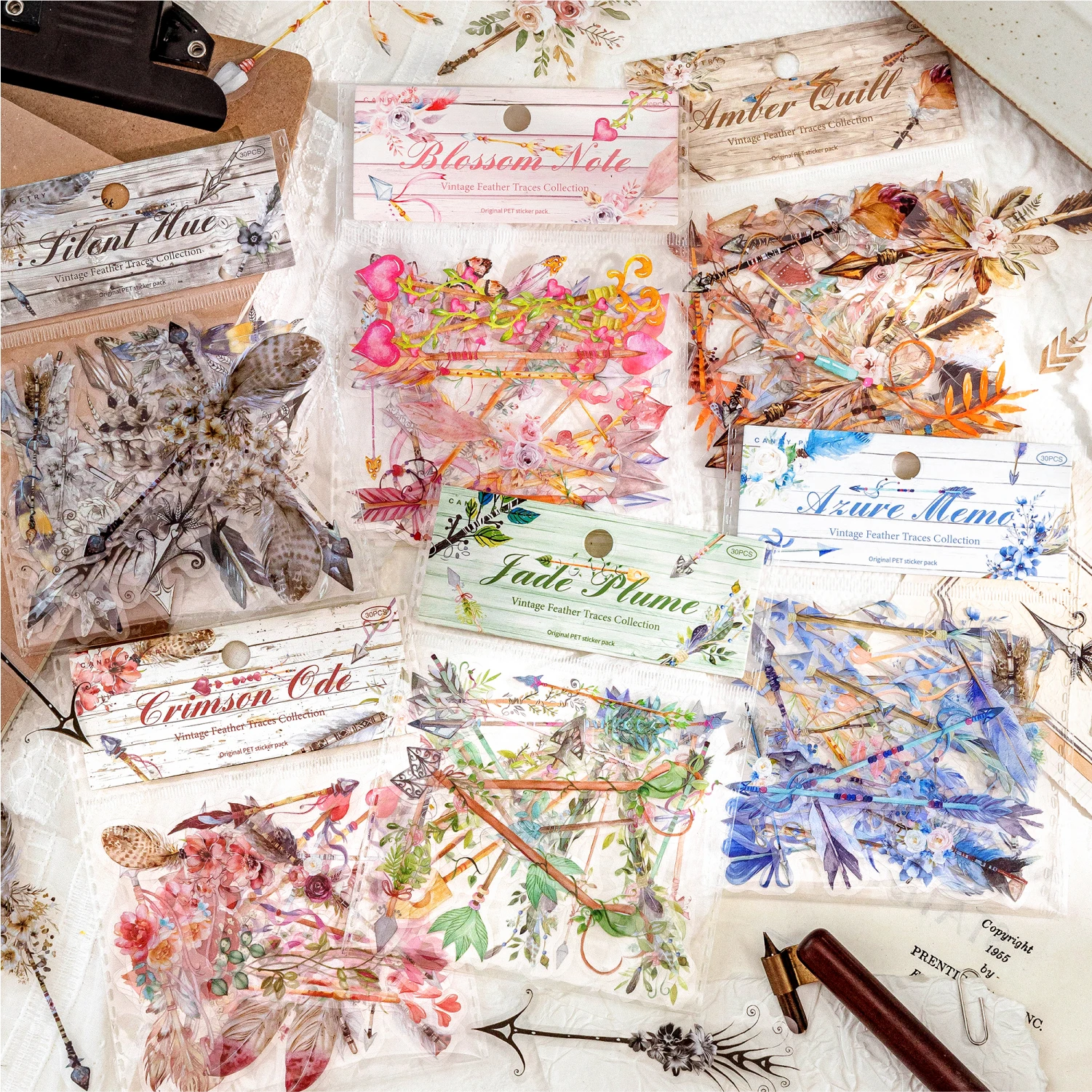 

30pcs PET sticker bag retro feather trail versatile pattern creative sticker hand tent DIY decoration Guka collage