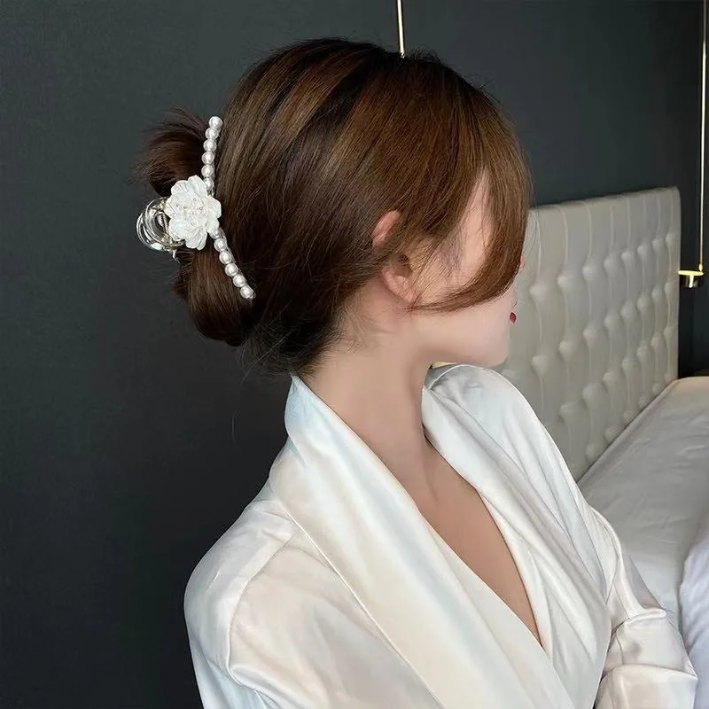 مشبك إمساك على شكل زهرة اللؤلؤ، مشبك شعر كبير على شكل قرش، دبوس شعر للرأس الخلفي