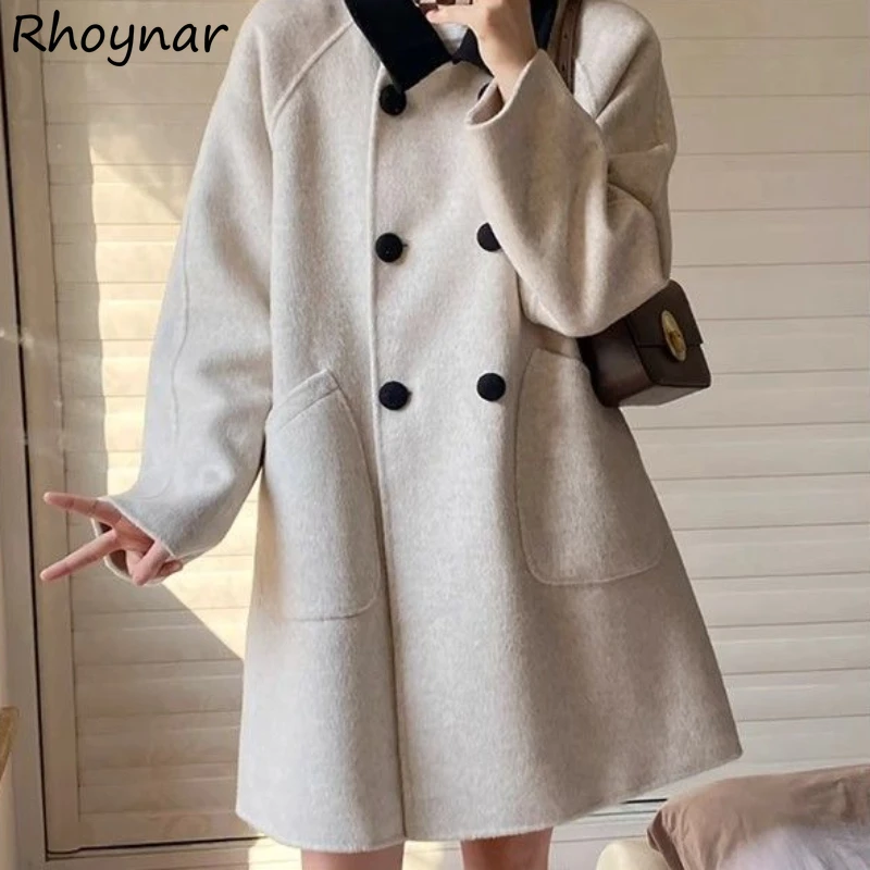 

Coats Women Woolen Overcoat Korean Patchwork Button Pockets Slim Fit Retro Panelled Fashion All-mtach Streetwear Elegant Female