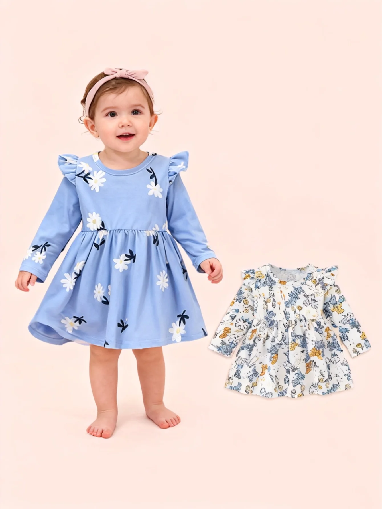 2-teiliges Set aus Mädchen-Baby-Mode, lässigem, mit Blumenmuster bedrucktem Strickstoff, Rundhalsausschnitt, langen Ärmeln, Kleid für Frühling und Herbst