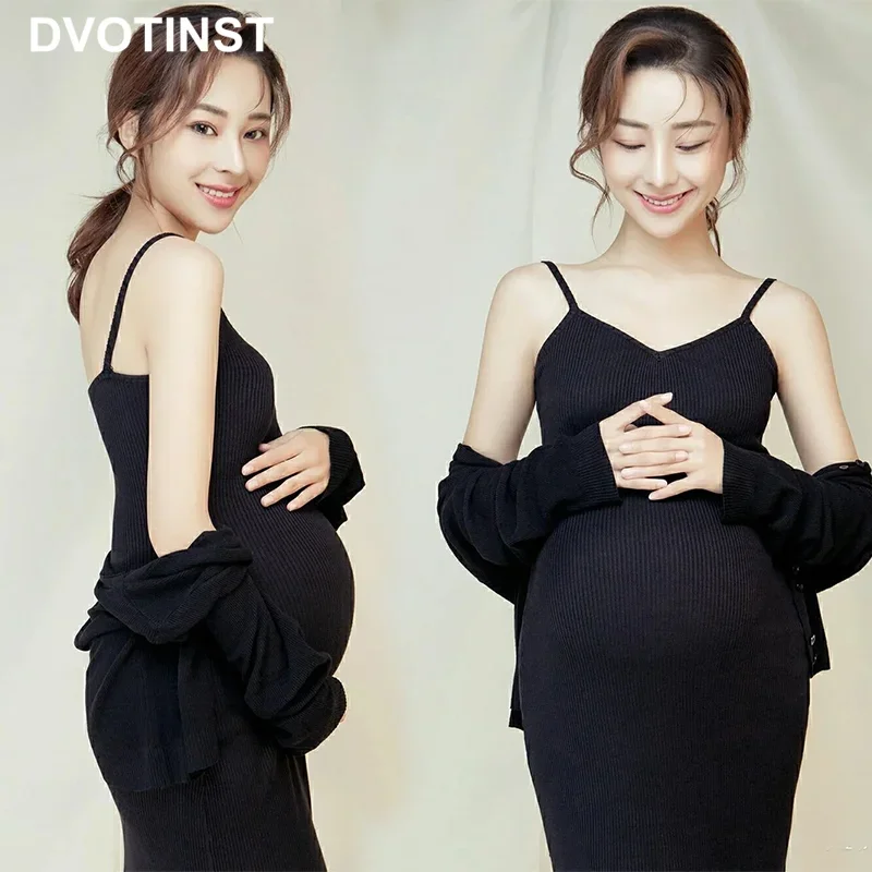 

Women Photography Props Maternity V-neck Dresses Pregnancy Elegant Black Dress Cardigans 2pcs Studio Photoshoot Clothes