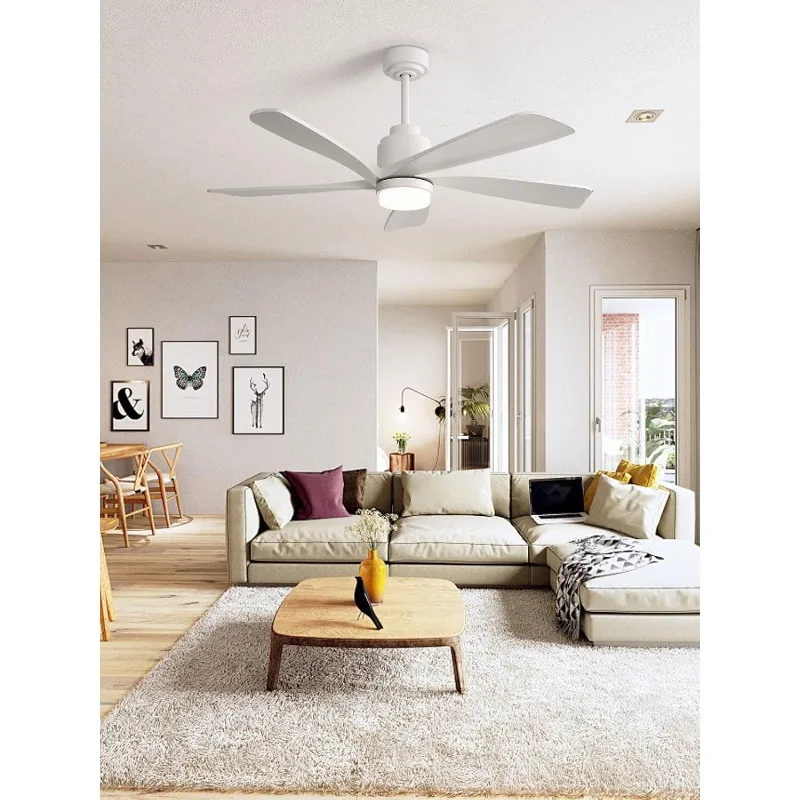 White Ceiling Fan with Lights,52 Inch Low Profile Flush Mount Mordern Smart Wood Ceiling Fan Living Room OutdoorReversible Motor