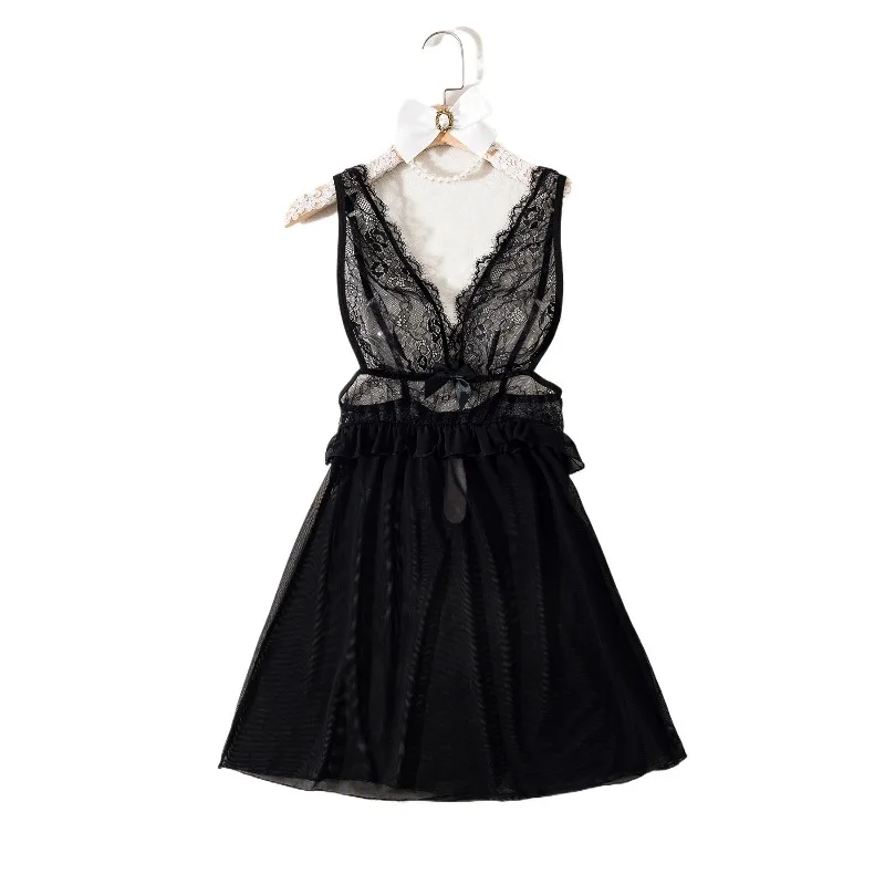 

Сексуальное прозрачное черное женское кружевное белье, женская сексуальная ночная сорочка без рукавов с V-образным вырезом из сетчатой ткани.