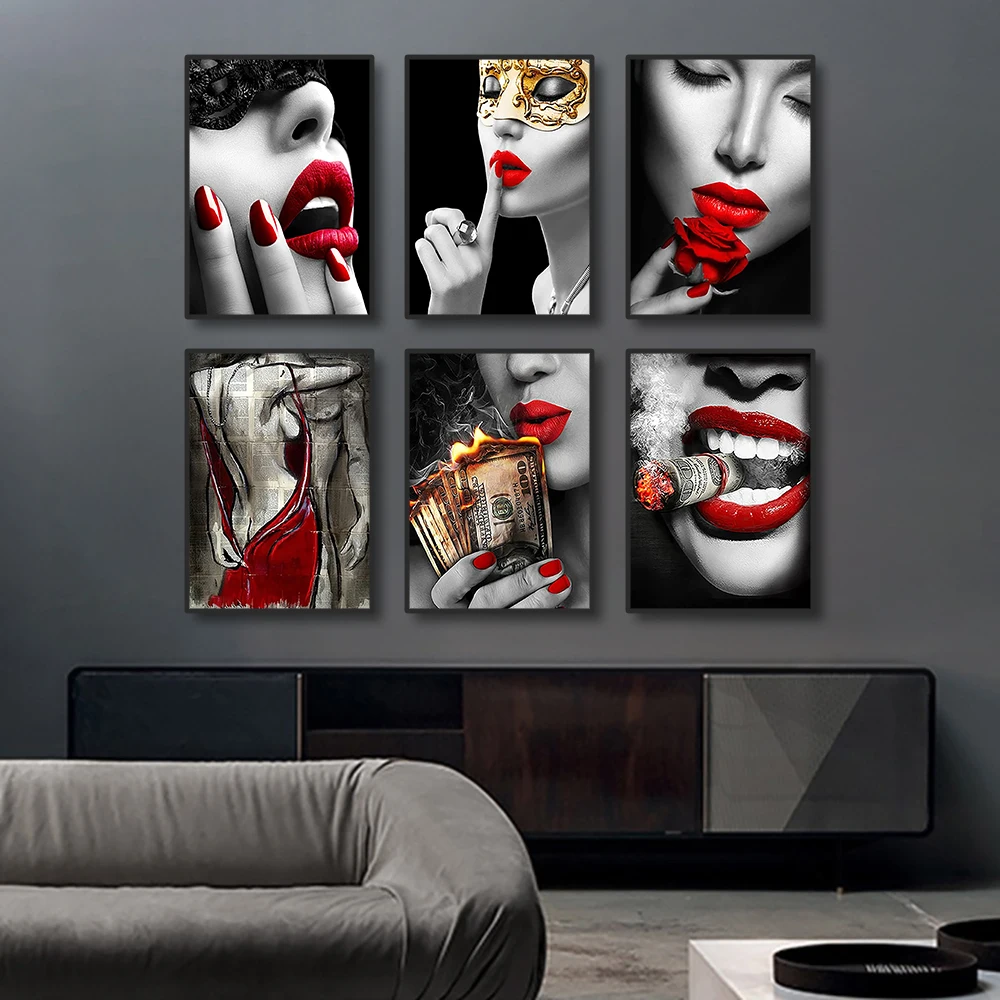 Red Lips and Flames Posters Prints Sexy Girl Toilet Art Abstract Desire Canvas Paintings for Home Living Room Decor