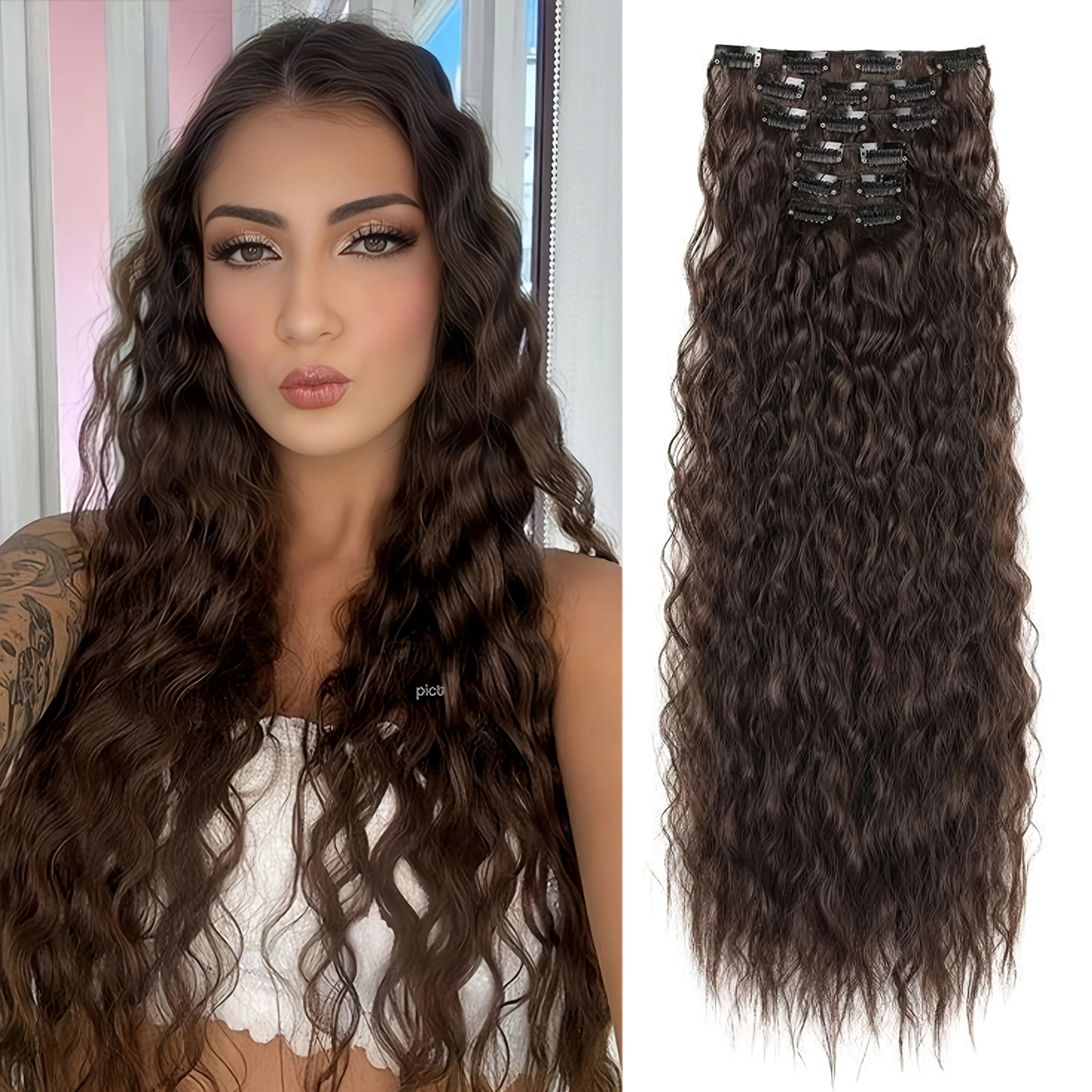 Clip-in hairextensions, 22 inch lange losse golvende hairextensions, onzichtbaar natuurlijk zacht voor dames bruin met highlights