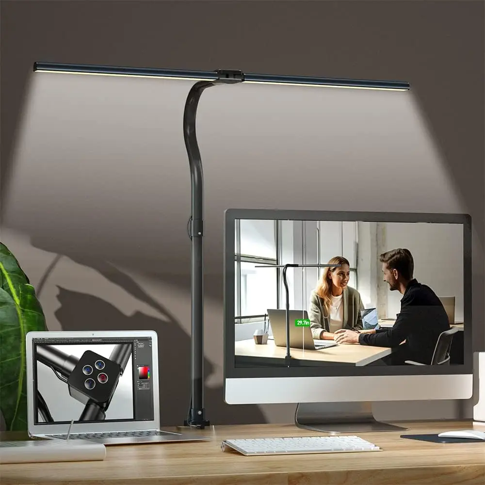 

24W Desk Reading Light with Clamp & Remote Control, Double Head Gooseneck Lamp with 5 Dimmable and 5 Color Modes for Office Work